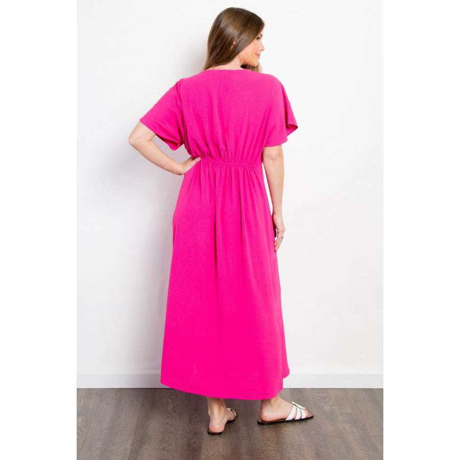Be Stage Full Size Shirred Front Short Sleeve Maxi Dress Fuchsia / S Apparel and Accessories