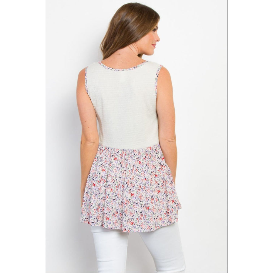Be Stage Full Size Smocked Printed Peplum Sleeveless Top White / S Apparel and Accessories