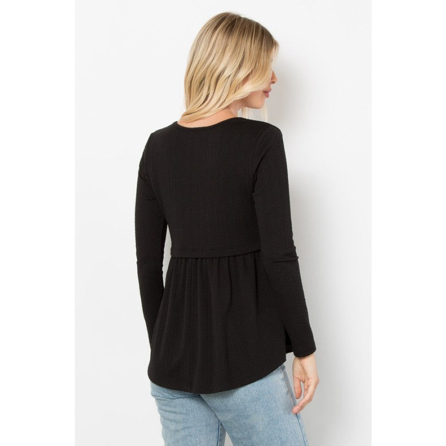 Be Stage Full Size Texture Babydoll Round Neck Long Sleeve Knit Top Apparel and Accessories