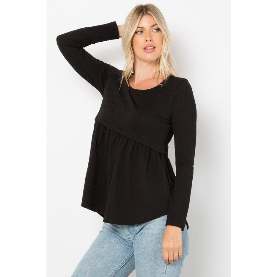 Be Stage Full Size Texture Babydoll Round Neck Long Sleeve Knit Top Apparel and Accessories