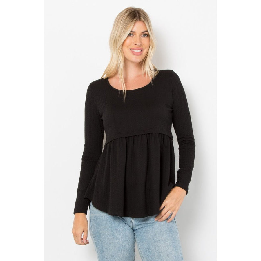 Be Stage Full Size Texture Babydoll Round Neck Long Sleeve Knit Top Black / S Apparel and Accessories
