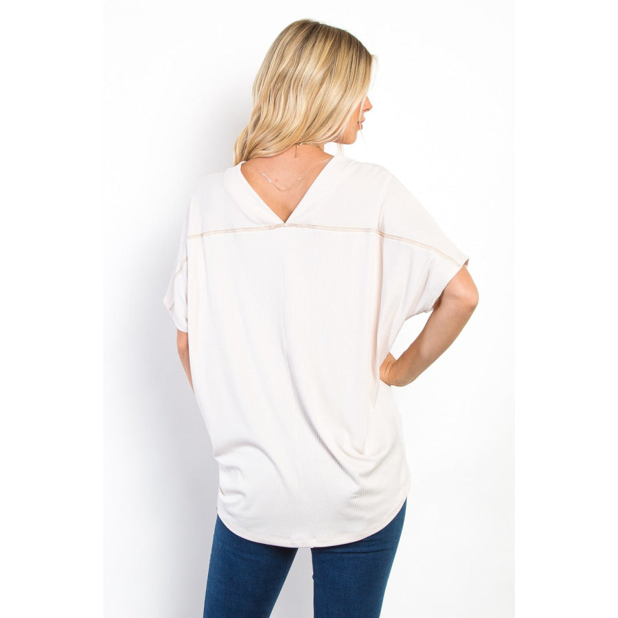 Be Stage Full Size V-Neck Short Sleeve Ribbed Top Beige / S Apparel and Accessories