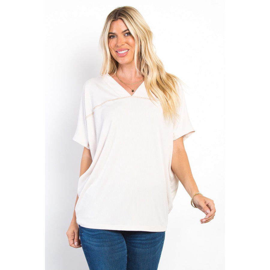 Be Stage Full Size V-Neck Short Sleeve Ribbed Top Beige / S Apparel and Accessories