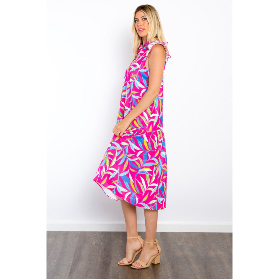 Be Stage Print Ruffled Midi Dress with Pockets Apparel and Accessories