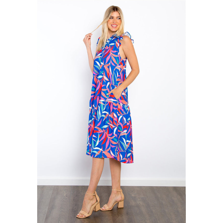 Be Stage Print Ruffled Midi Dress with Pockets Apparel and Accessories