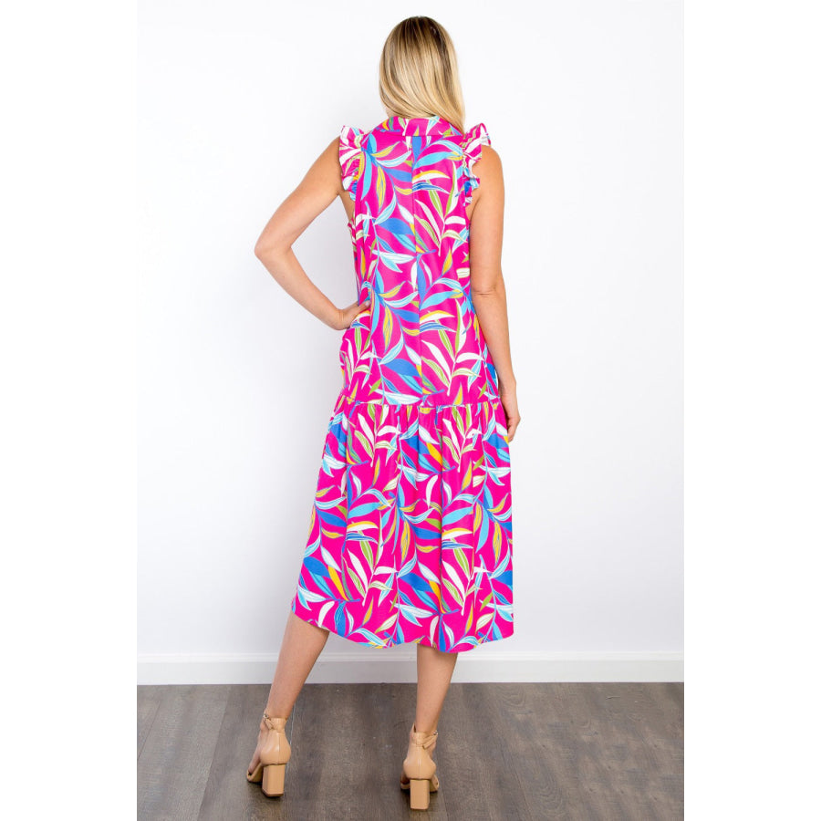 Be Stage Print Ruffled Midi Dress with Pockets Apparel and Accessories