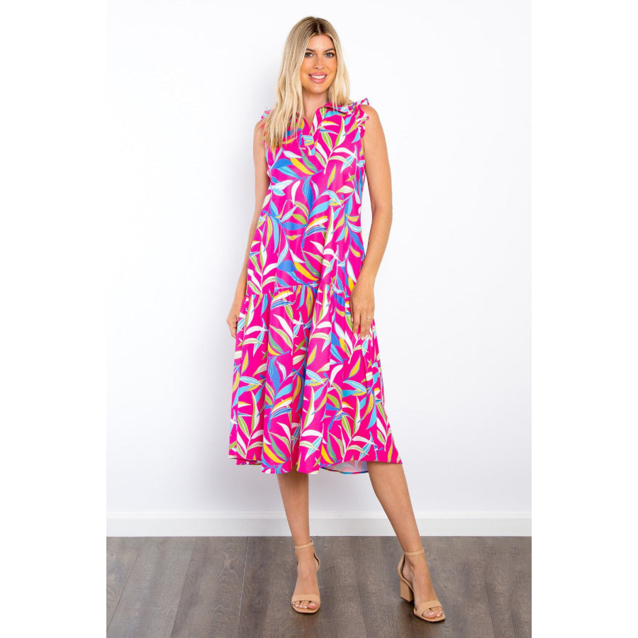 Be Stage Print Ruffled Midi Dress with Pockets Fuchsia / S Apparel and Accessories