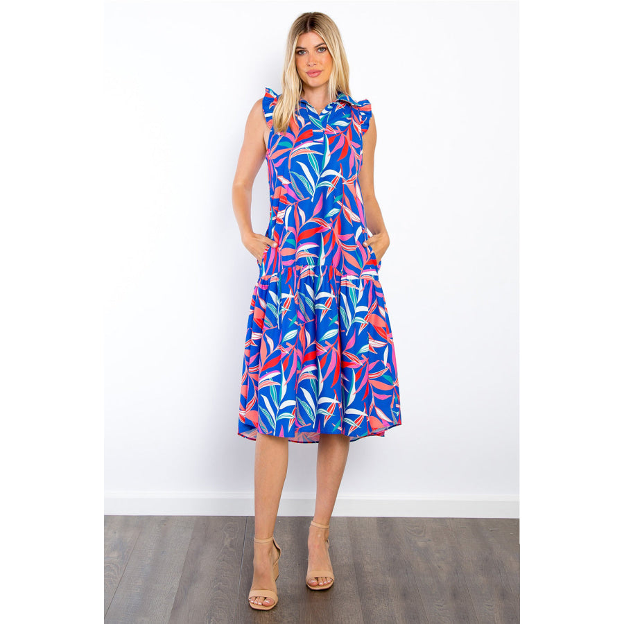 Be Stage Print Ruffled Midi Dress with Pockets Royal Blue / S Apparel and Accessories