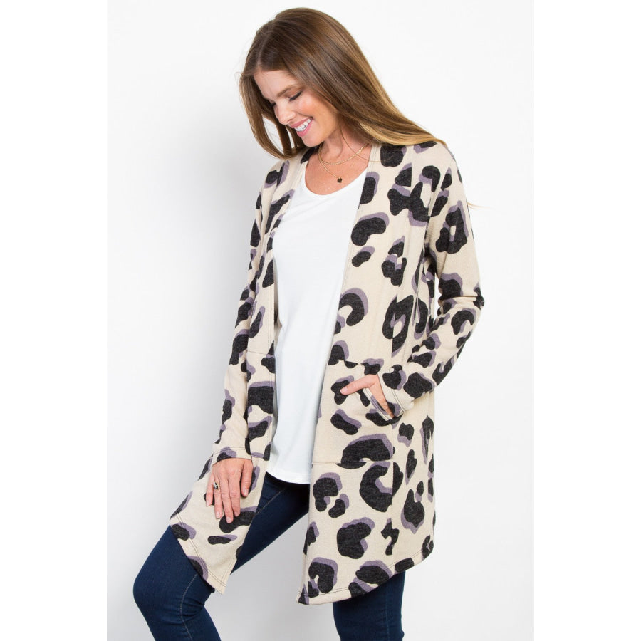 Be Stage Printed Open Front Knit Cardigan with Pockets Apparel and Accessories