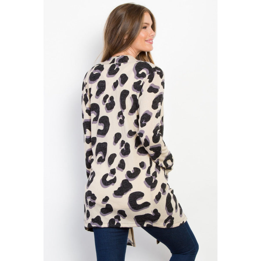 Be Stage Printed Open Front Knit Cardigan with Pockets Taupe / S Apparel and Accessories