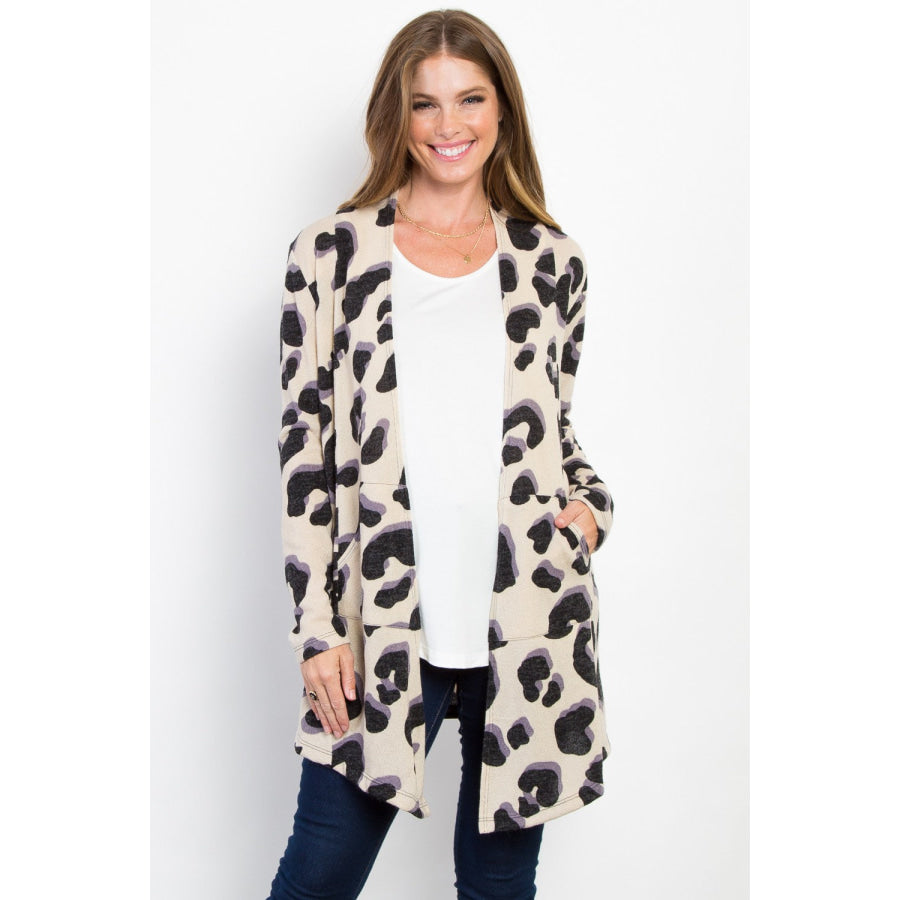 Be Stage Printed Open Front Knit Cardigan with Pockets Taupe / S Apparel and Accessories