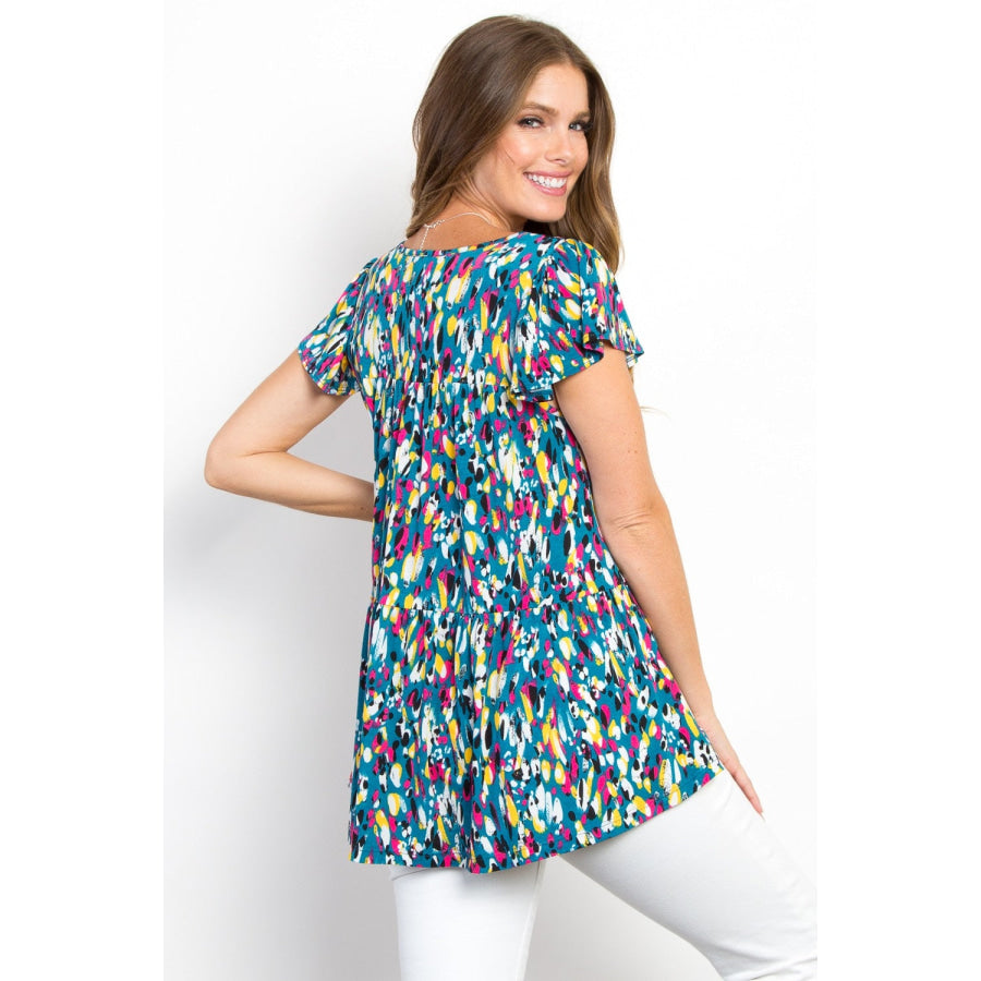 Be Stage Printed Ruffle Sleeve Top Teal / S Apparel and Accessories