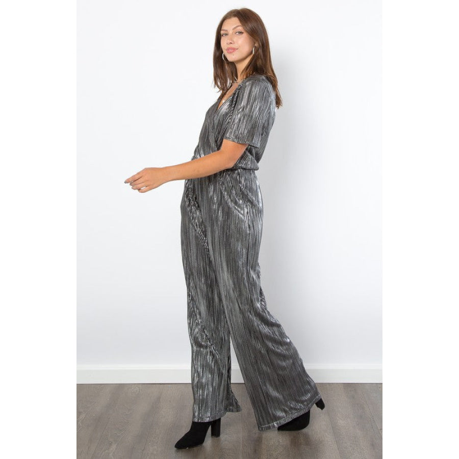 Be Stage Surplice Short Sleeve Pleated Foil Jumpsuit Apparel and Accessories