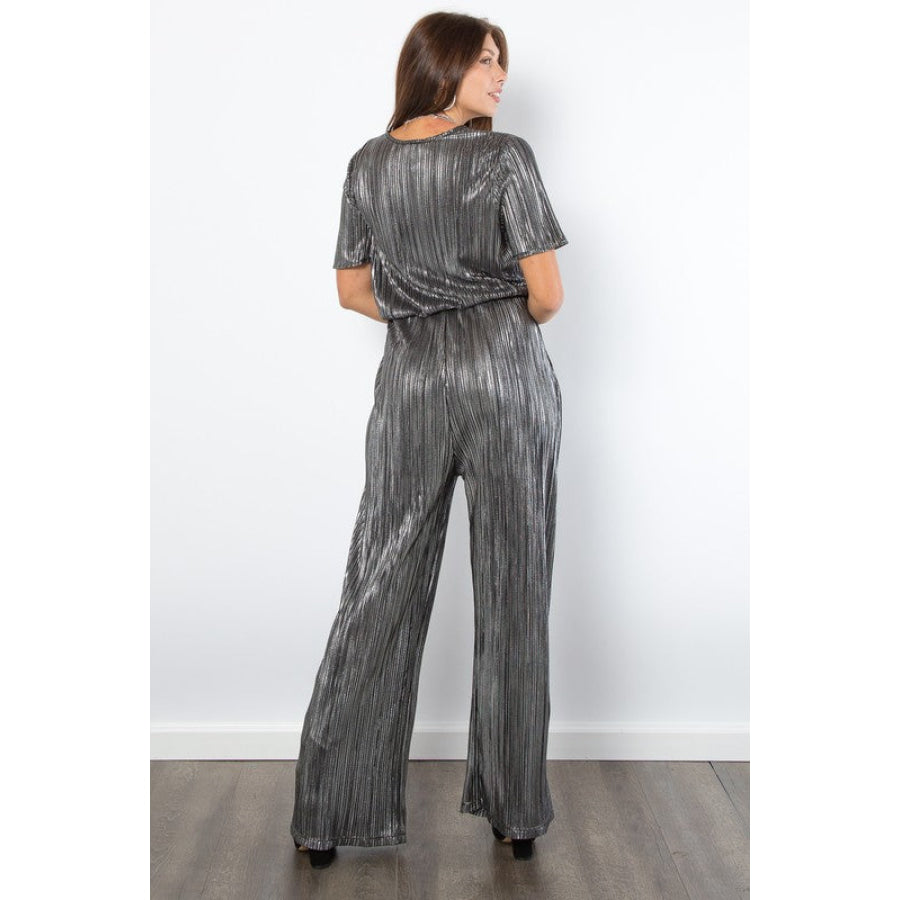 Be Stage Surplice Short Sleeve Pleated Foil Jumpsuit Apparel and Accessories