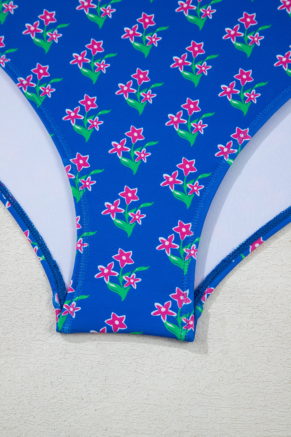 Blue Fashion Print Tied Straps Crop Vest and High Waist Plus Size Bikini Plus Size/Plus Size Swimwear