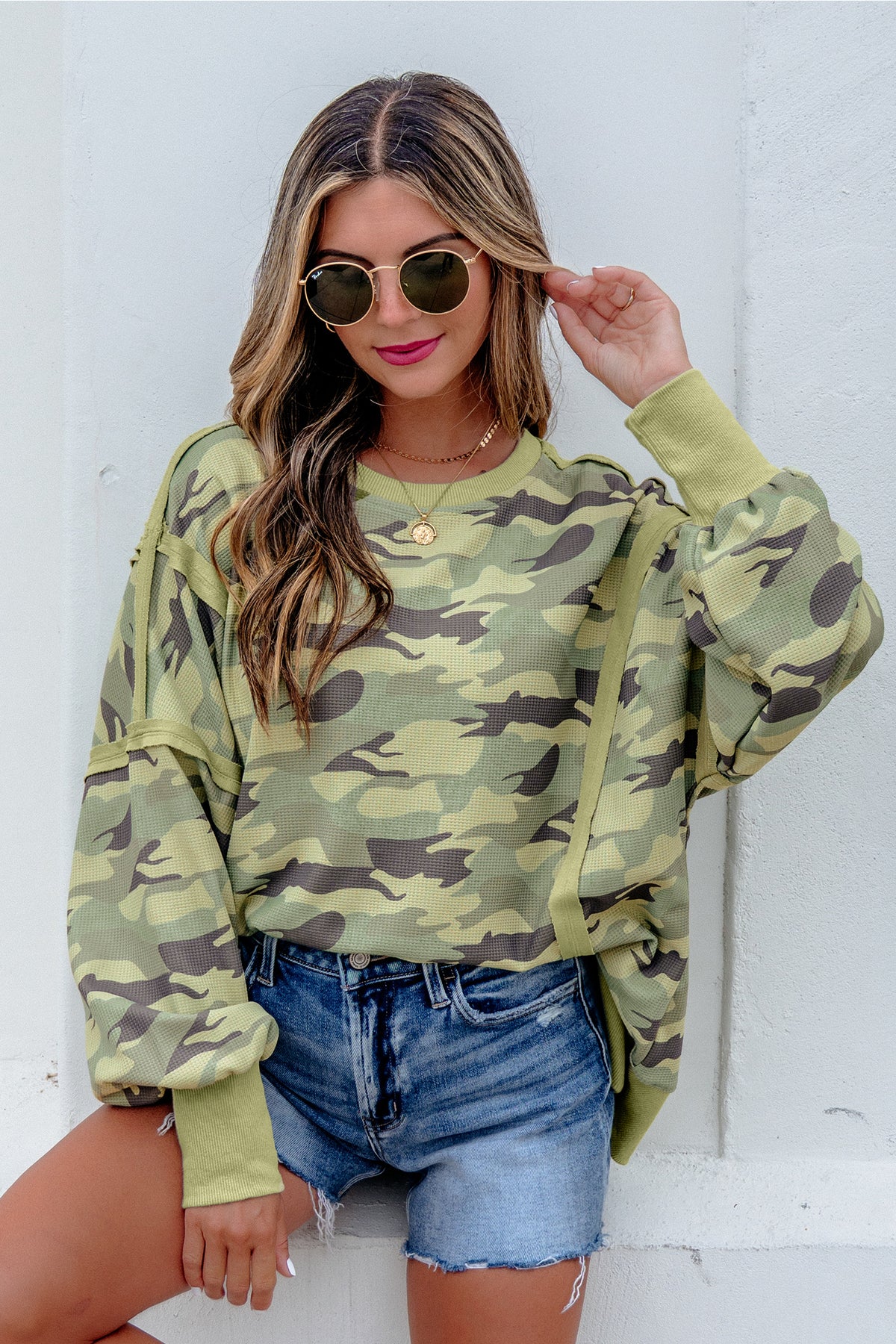 Green Camouflage Waffle Knit Raw Edge Contrast Trim Oversized Long Sleeve Top