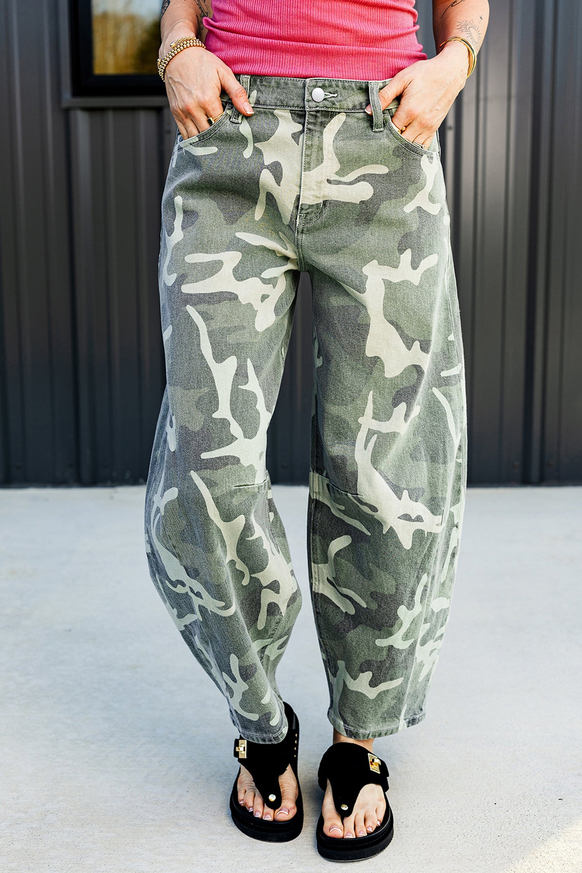 Green Camo Print Button Fly Straight Leg Ankle Length Jeans