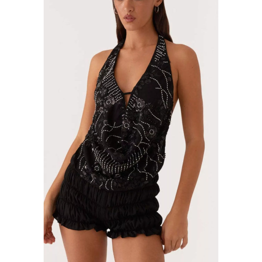 Bead Embellished Halter Neck Tank Black / S Apparel and Accessories