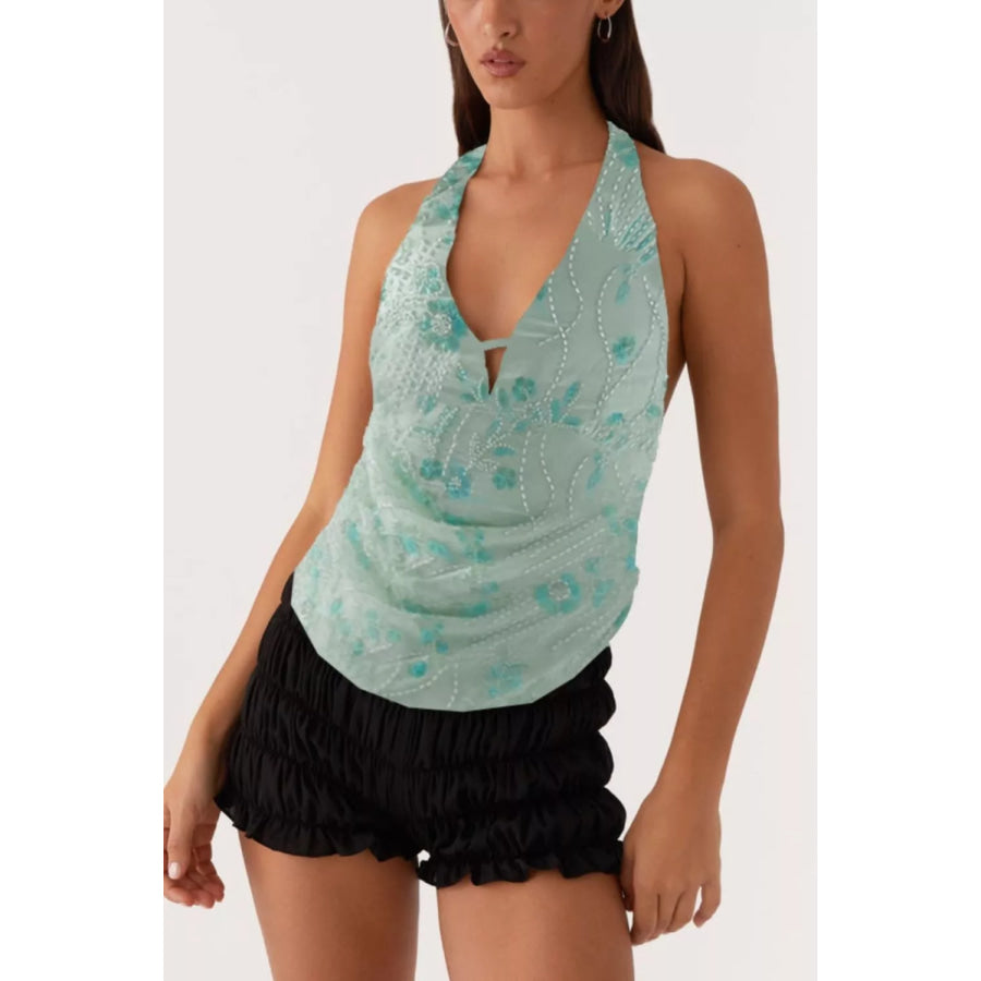 Bead Embellished Halter Neck Tank Sage / S Apparel and Accessories