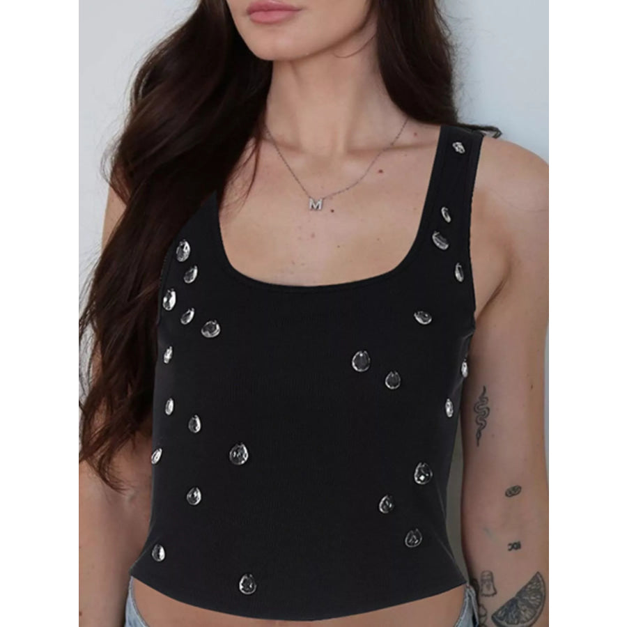 Bead Embellished Square Neck Tank Black / S Apparel and Accessories