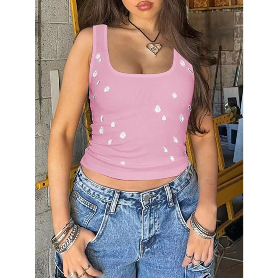 Bead Embellished Square Neck Tank Pink / S Apparel and Accessories