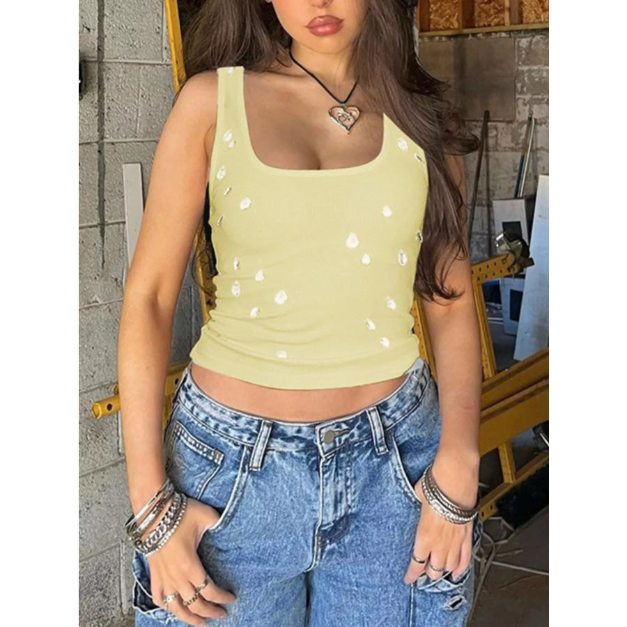 Bead Embellished Square Neck Tank Yellow / S Apparel and Accessories