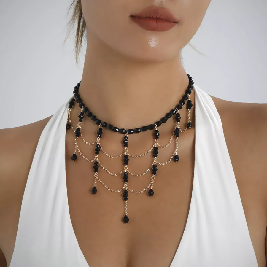 Beaded Choker Necklace with Draping Chains Black / onesize Apparel and Accessories