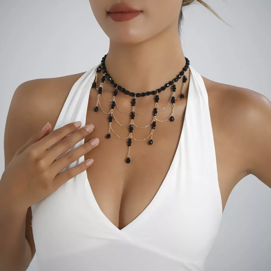 Beaded Choker Necklace with Draping Chains Black / onesize Apparel and Accessories