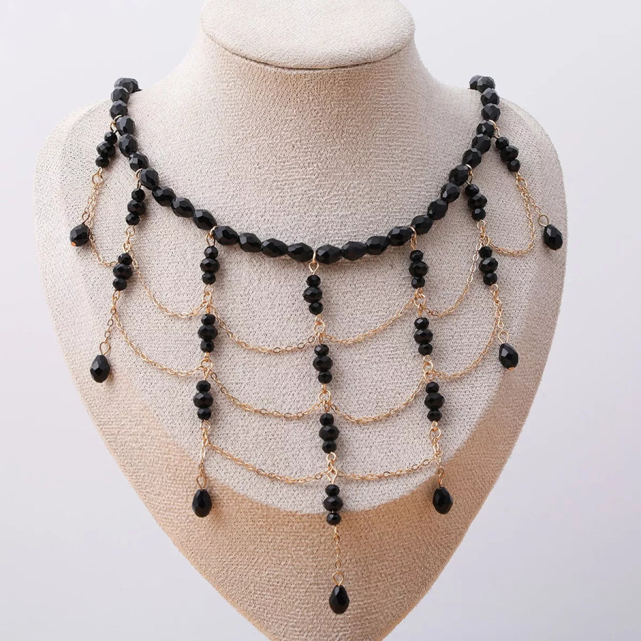 Beaded Choker Necklace with Draping Chains Black / onesize Apparel and Accessories