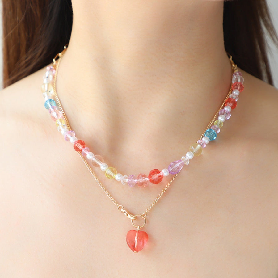 Beaded Double - Layered Heart Pendant Necklace Multicolor / One Size Apparel and Accessories