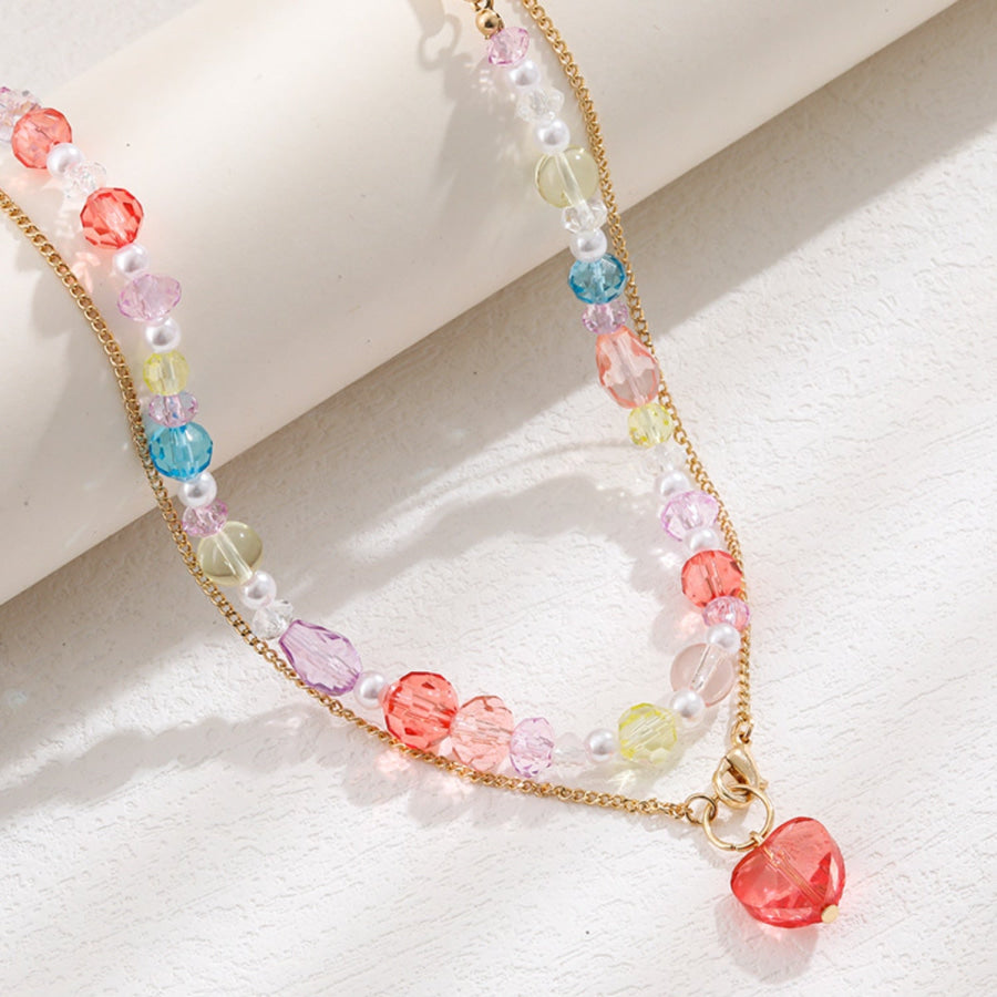 Beaded Double - Layered Heart Pendant Necklace Multicolor / One Size Apparel and Accessories