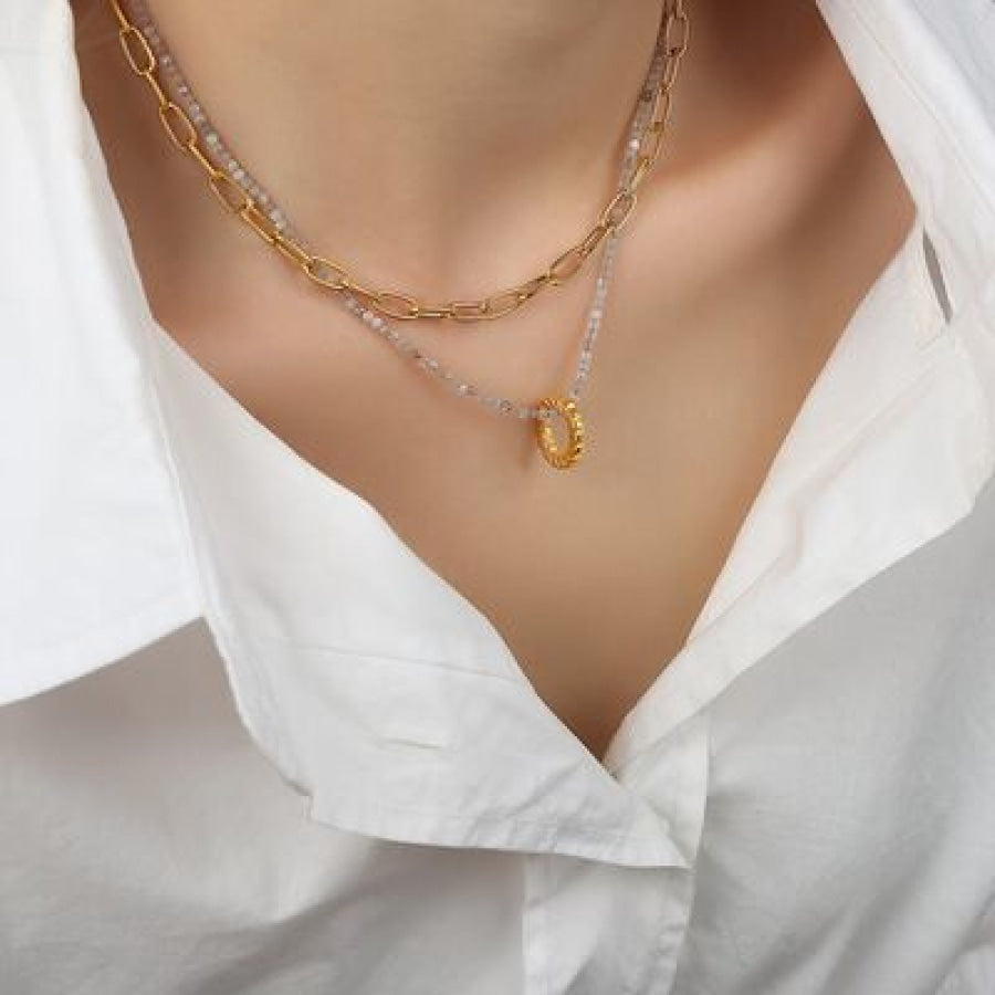 Beaded Double-Layered Titanium Steel Necklace Gold / One Size Apparel and Accessories