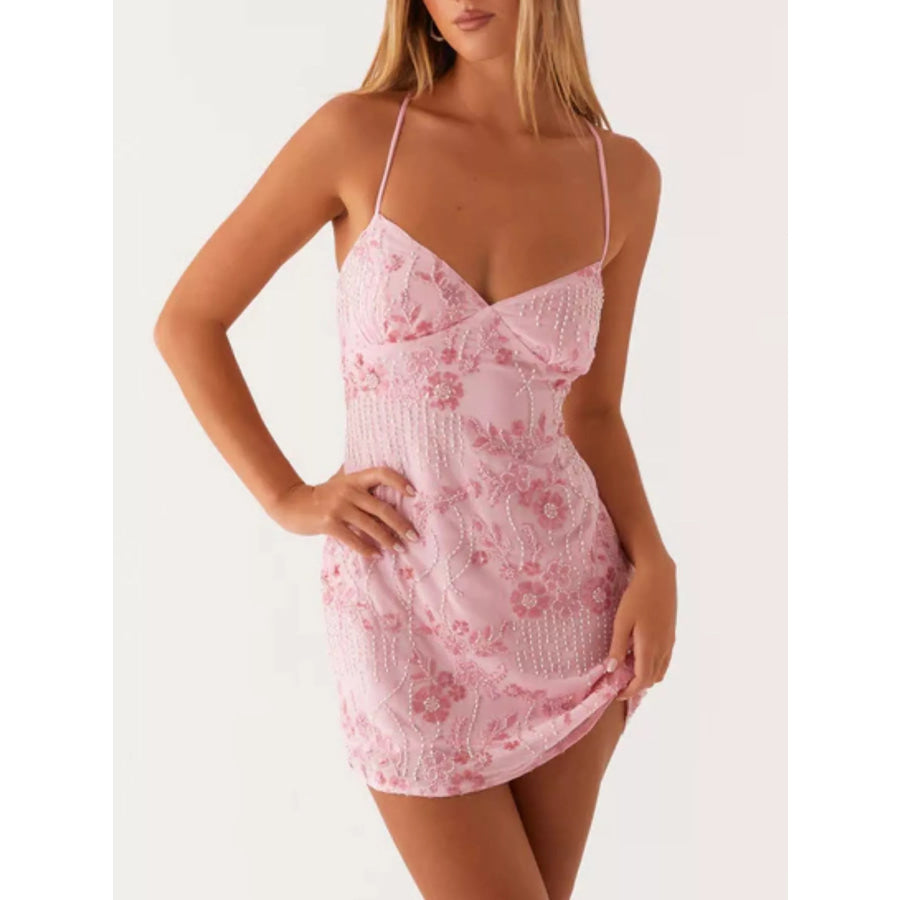 Beaded Floral Mini Dress Blush Pink / S Apparel and Accessories
