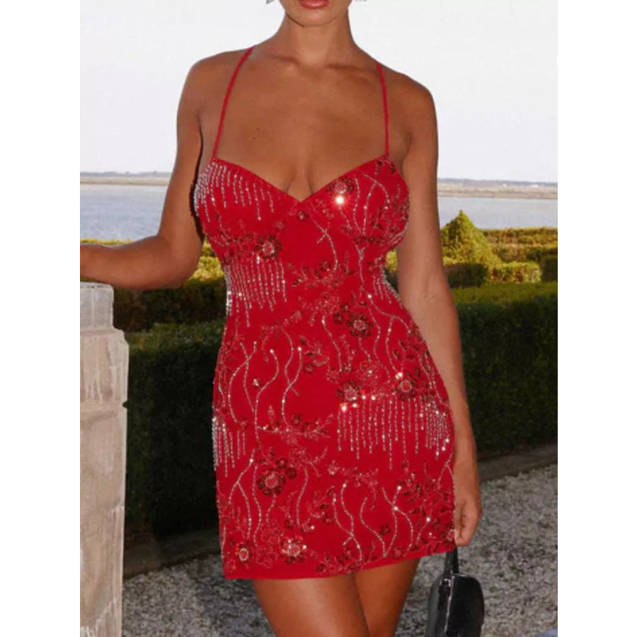 Beaded Floral Mini Dress Deep Red / S Apparel and Accessories
