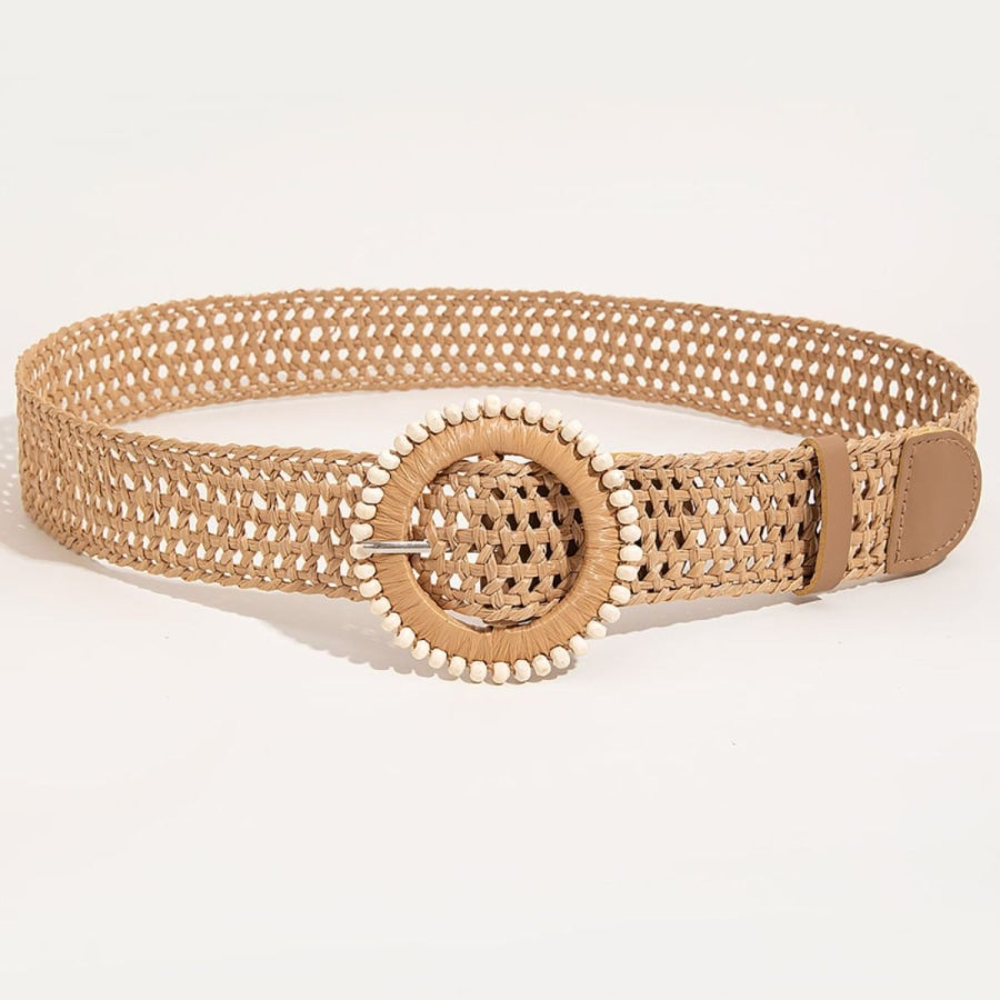 Beaded Round Buckle Braided Belt Camel / One Size Apparel and Accessories