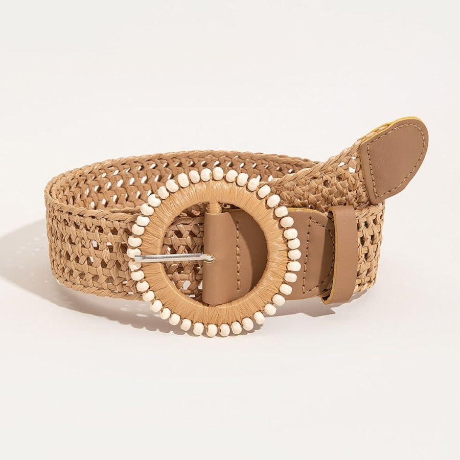 Beaded Round Buckle Braided Belt Camel / One Size Apparel and Accessories