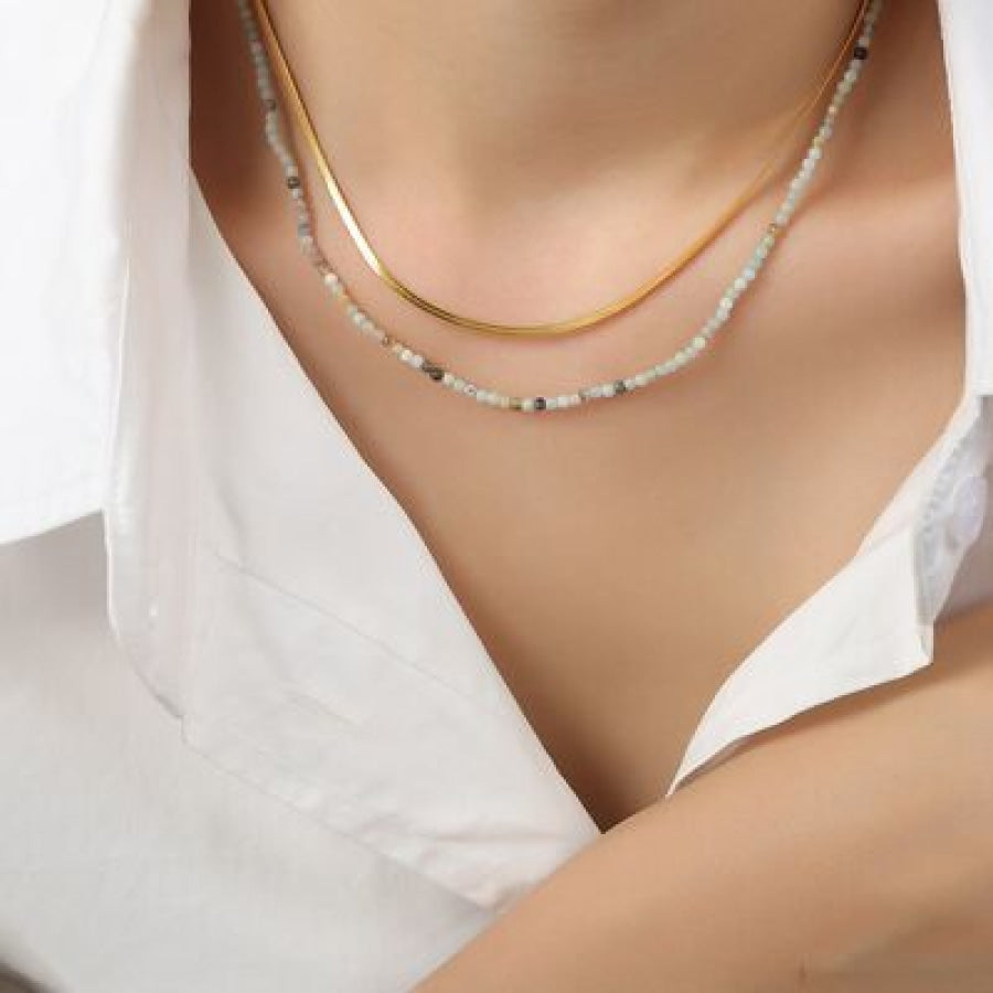 Beaded Titanium Steel Double-Layered Necklace Gold / One Size Apparel and Accessories