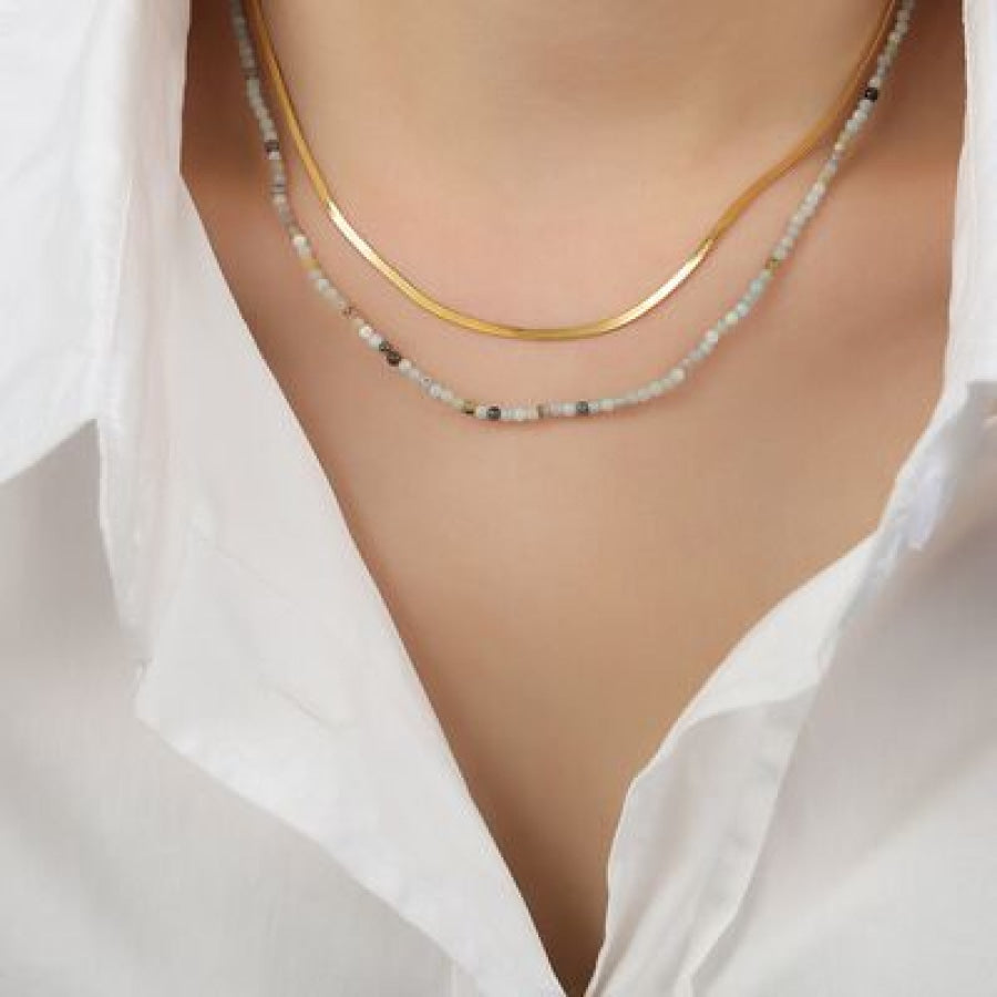 Beaded Titanium Steel Double-Layered Necklace Gold / One Size Apparel and Accessories