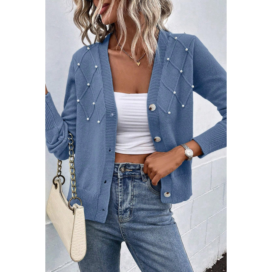 Beaded V-Neck Button Up Long Sleeve Cardigan Apparel and Accessories