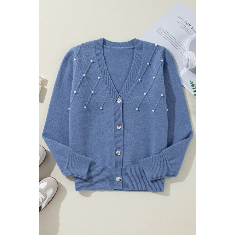 Beaded V-Neck Button Up Long Sleeve Cardigan Apparel and Accessories