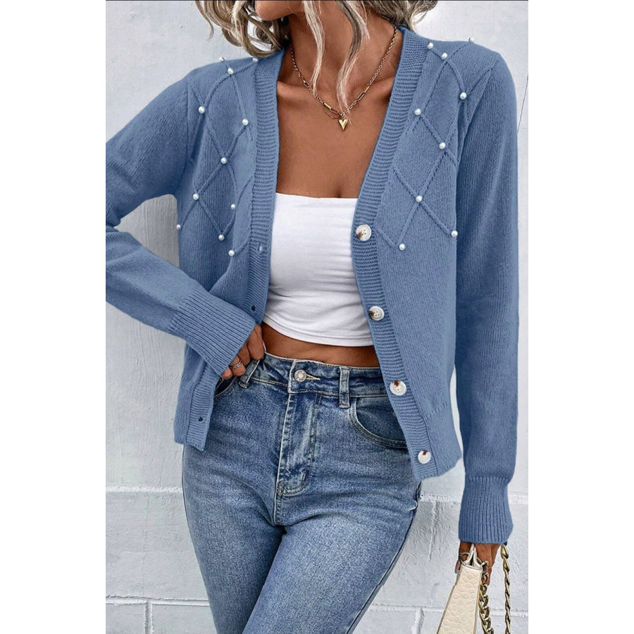 Beaded V-Neck Button Up Long Sleeve Cardigan Apparel and Accessories