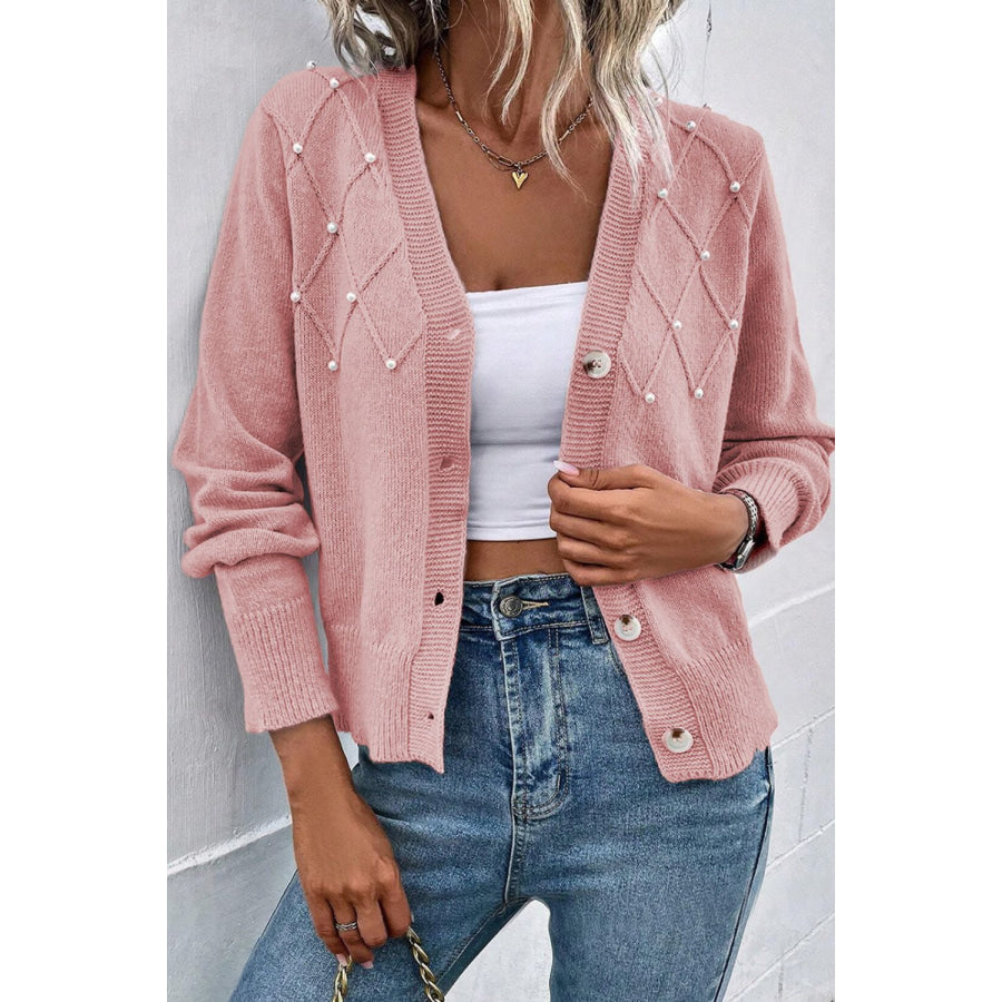 Beaded V-Neck Button Up Long Sleeve Cardigan Pink / S Apparel and Accessories