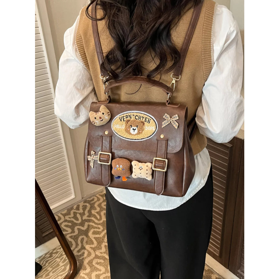 Bear Decor Backpack Bag Brown / One Size Apparel and Accessories
