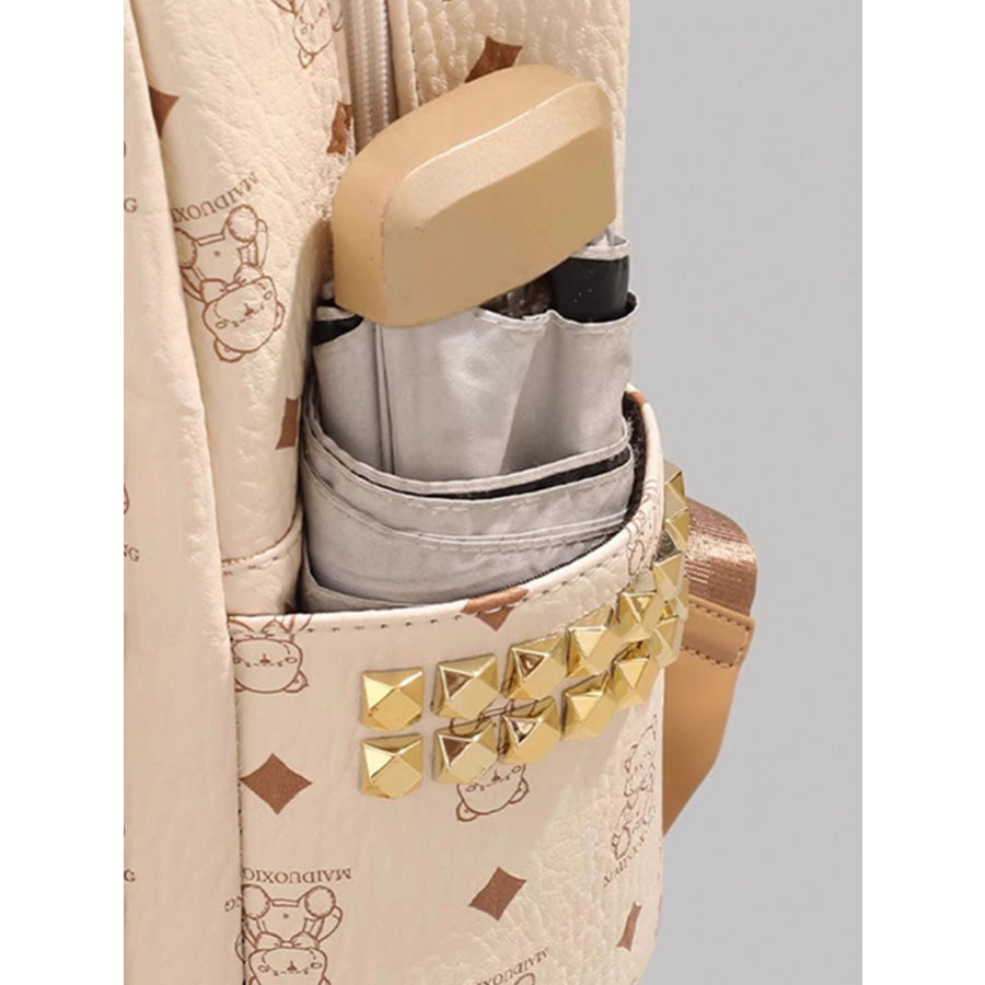 Bear Pattern Leather Backpack Bag Cream / One Size Apparel and Accessories