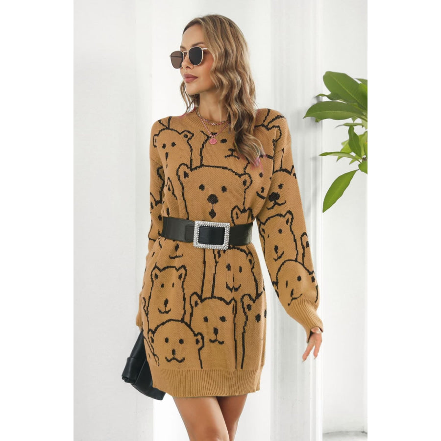 Bear Pattern Round Neck Sweater Dress Apparel and Accessories