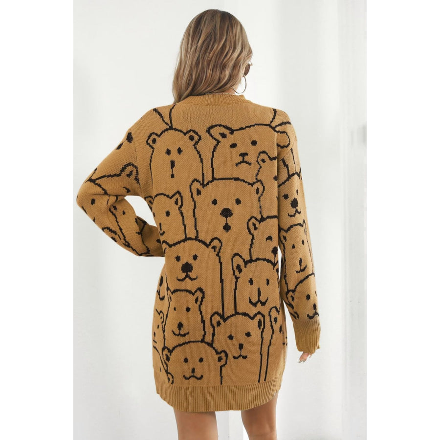 Bear Pattern Round Neck Sweater Dress Apparel and Accessories