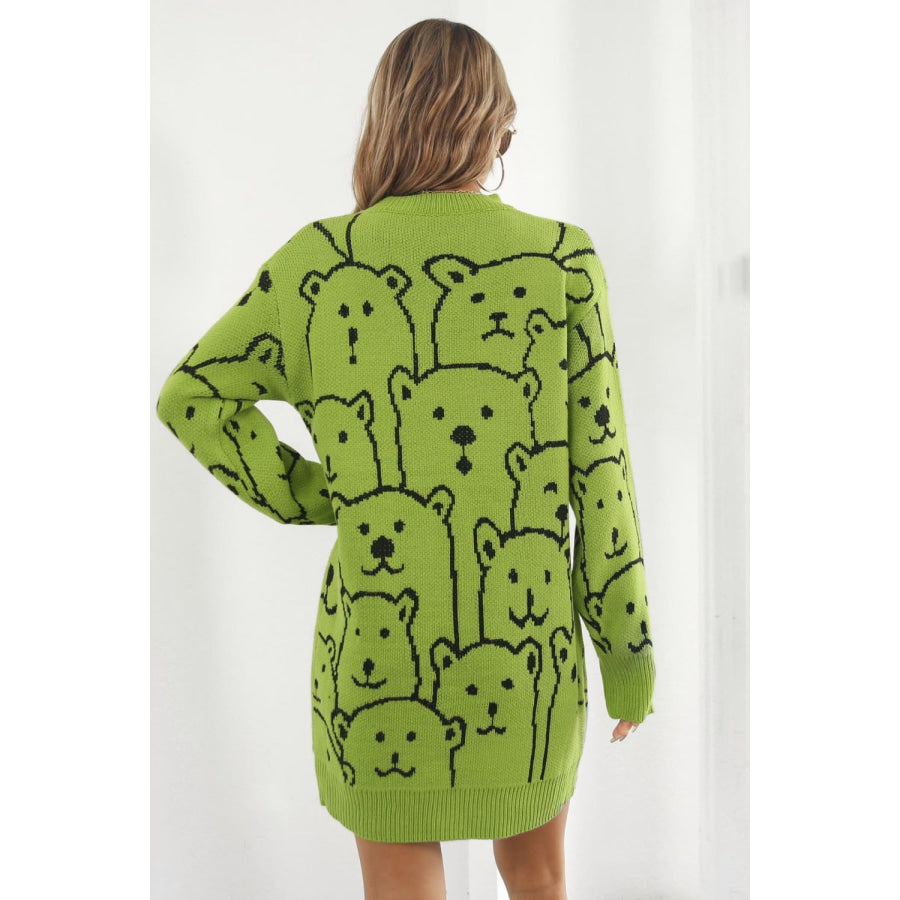 Bear Pattern Round Neck Sweater Dress Apparel and Accessories