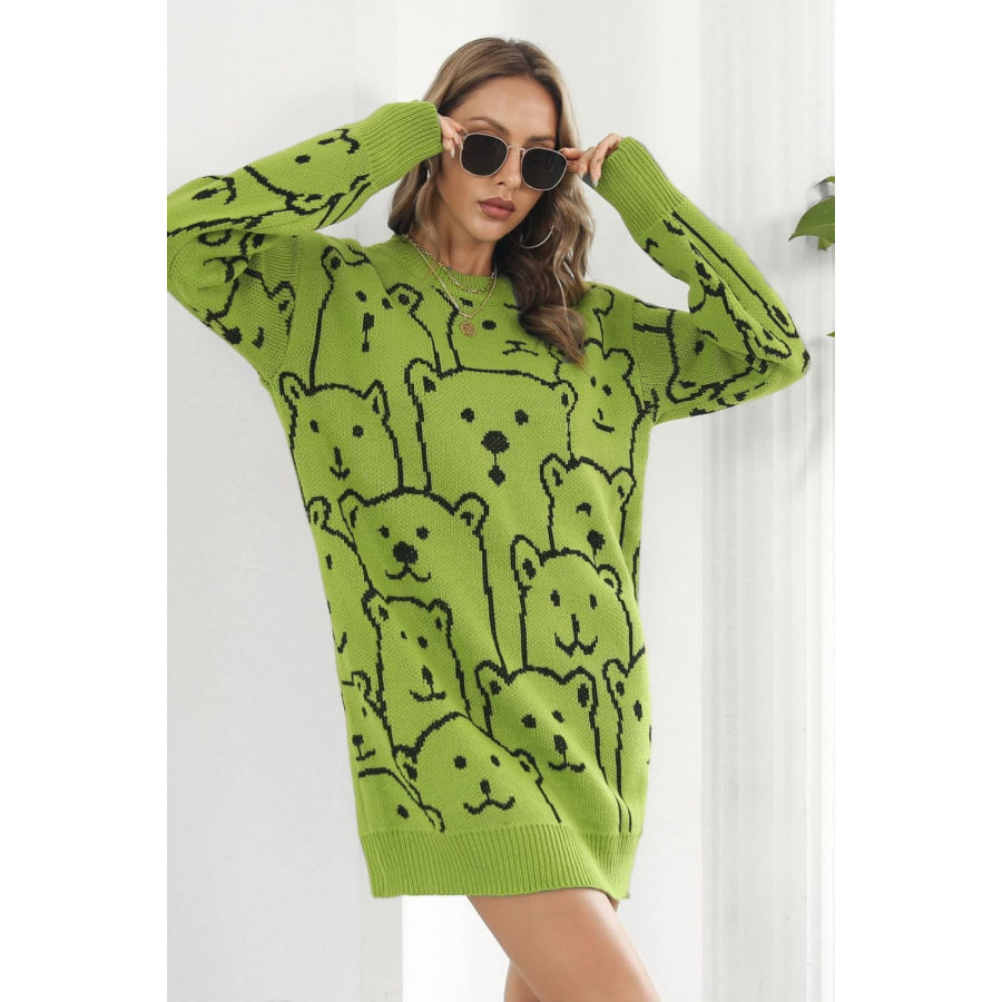 Bear Pattern Round Neck Sweater Dress Apparel and Accessories