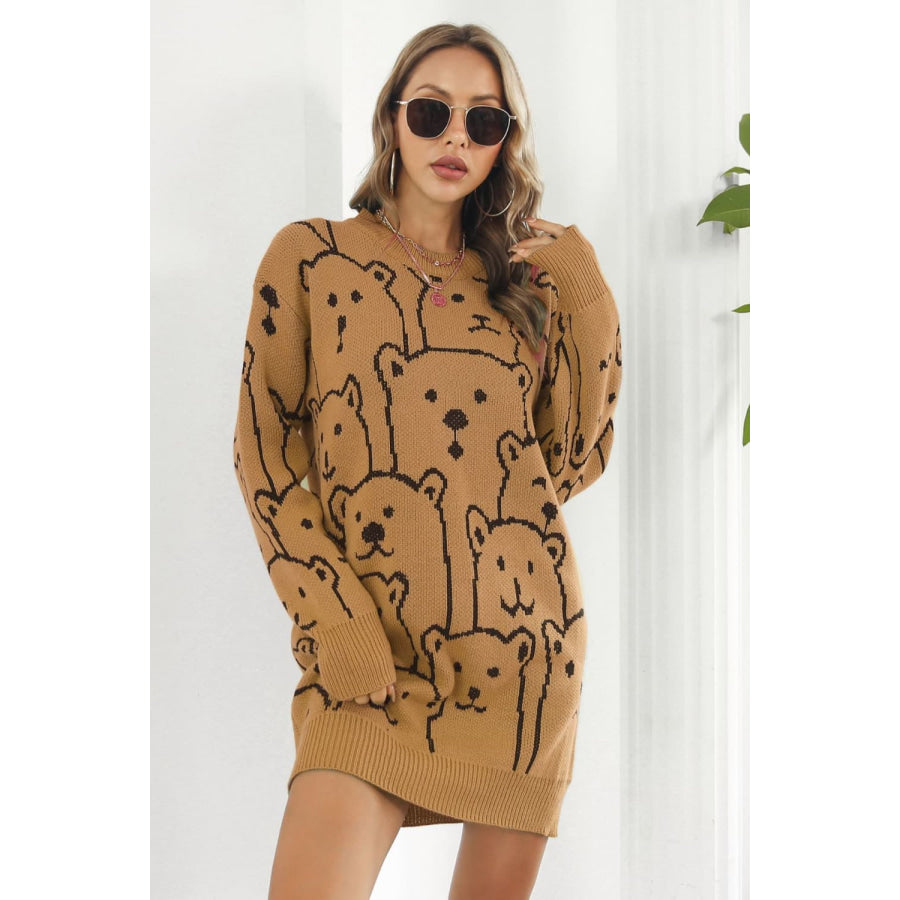 Bear Pattern Round Neck Sweater Dress Caramel / S Apparel and Accessories