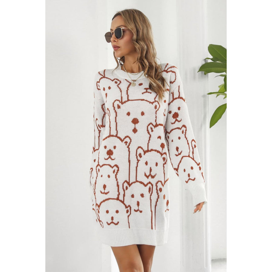 Bear Pattern Round Neck Sweater Dress White / S Apparel and Accessories